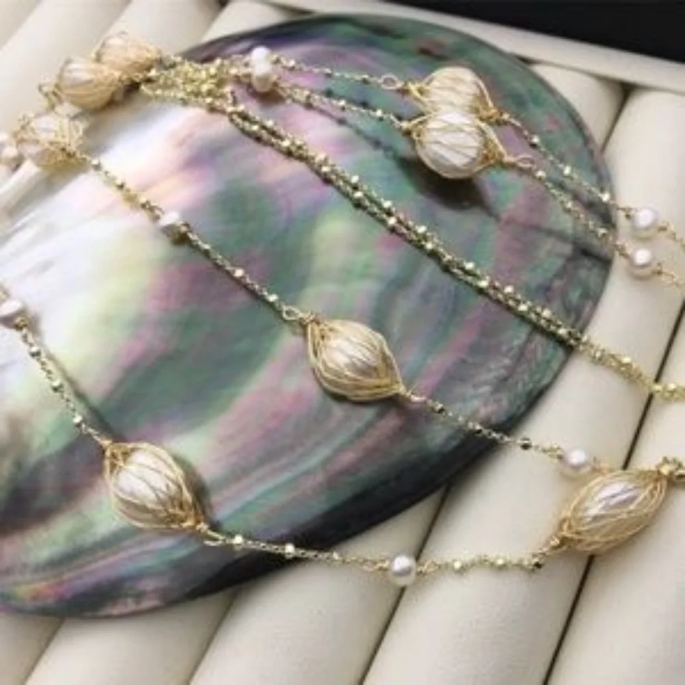 42" White Cultured Pearl Gold Chain Necklace 14K Yellow Gold Plate - Picture 3 of 11